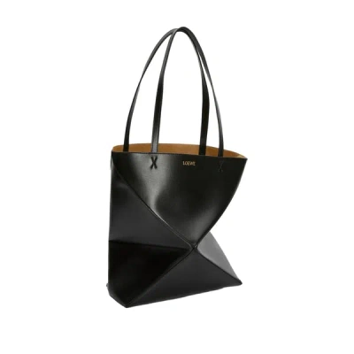 Loewe Tote Puzzle Fold Moyen En Cuir De Veau Brillant In Black