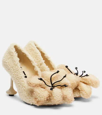 Loewe Toy Floral-appliqué Shearling Pumps In Neutral