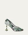 Loewe Mesh Toy Pumps With Embellished Floral Pattern In Black/hibiscus Green