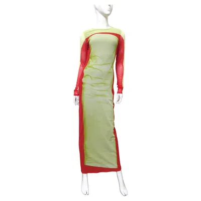 Pre-owned Loewe Trompe L'oeil Layer Green & Red Mesh Colorblock Maxi Dress