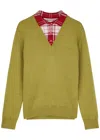 Loewe Paneled Checked Silk Blend-trimmed Knitted Sweater In Green