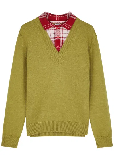 Loewe Paneled Checked Silk Blend-trimmed Knitted Sweater In Green