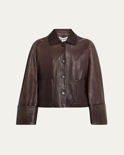 Loewe Turn Up Cuff Leather Jacket In Brown