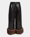 Loewe Turn-up Shiny Leather Wide-leg Ankle Trousers With Lamb Shearling Cuffs In Black
