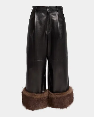 LOEWE TURN-UP SHINY LEATHER WIDE-LEG ANKLE TROUSERS WITH LAMB SHEARLING CUFFS