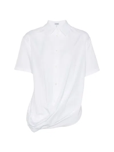 Loewe Draped Cotton Shirt Asymmetrical Hem Design In White