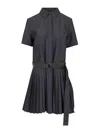 Loewe Structured Cotton-blend Gabardine Button-front Short Dress With Pleated Skirt And D-ring Belt In Blue
