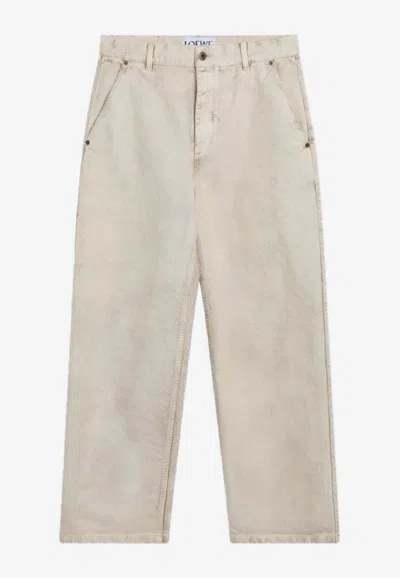 Loewe Beige Vintage-effect Cotton Trousers Men In Gray