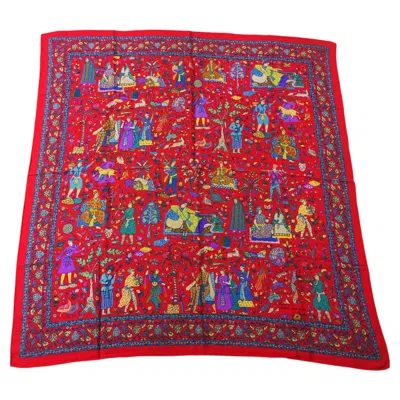 Pre-owned Loewe Vintage Enrique  Knappe Persian Miniature Silk Scarf In Crimson Red