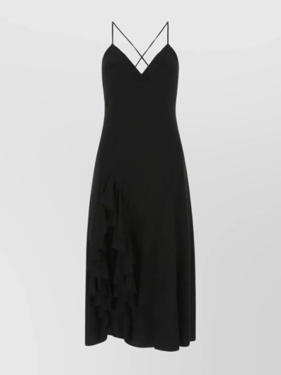 Loewe Viscose Dress With Asymmetrical Hemline And Deep V Neckline In Black