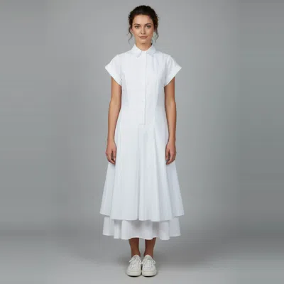Pre-owned Loewe White Cotton Pleated Double Layer Midi Shirt Dress Xs