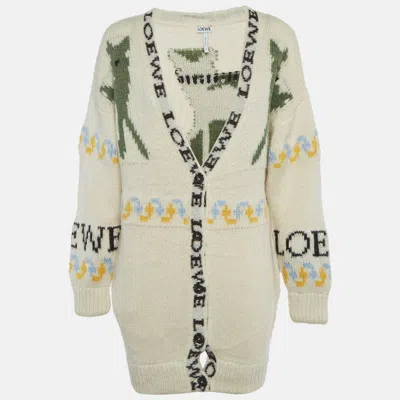 Pre-owned Loewe White Intarsia Wool Knit Cardigan Xs
