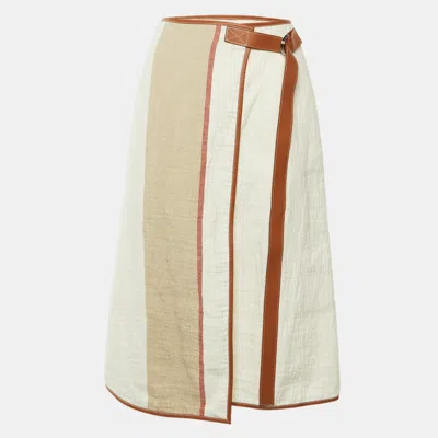 Pre-owned Loewe White Linen & Leather Trim Belted Midi Skirt L