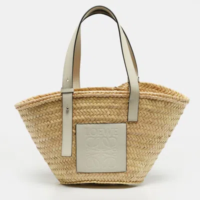 Pre-owned Loewe White/cream Leather And Raffia Beach Basket Bag