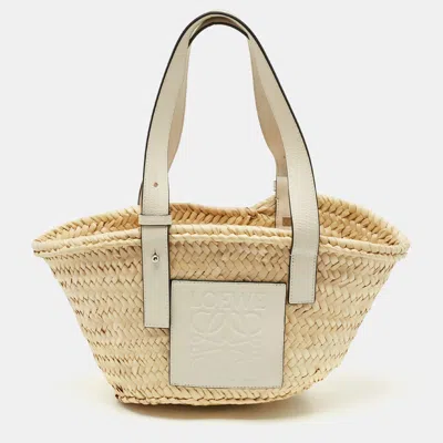 Pre-owned Loewe White/cream Raffia And Leather Small Basket Tote