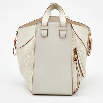 Pre-owned Loewe White/ecru Leather And Anagram Canvas Small Hammock Bag