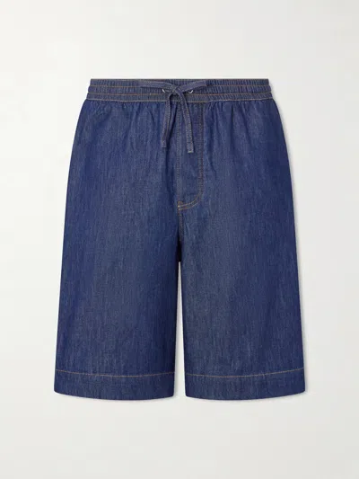 Loewe Wide-leg Anagram-detailed Cotton-chambray Drawstring Shorts In Blue