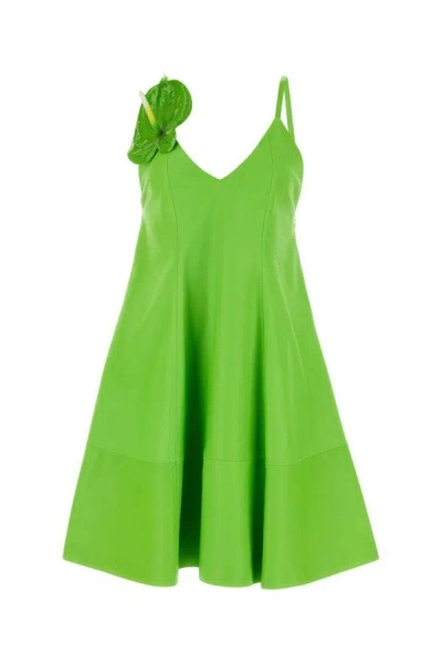 Loewe Anthurium Applique Leather Sleeveless Dress In Green