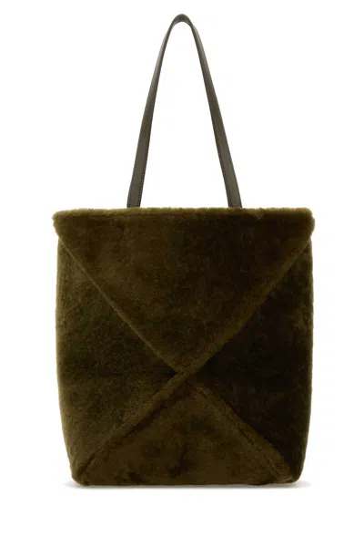 Loewe Women Army Green Fur Medium Puzzle Fold Shopping Bag