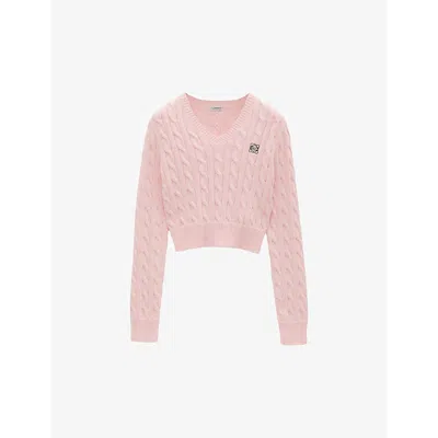 Loewe Womens Baby Pink Branded V-neck Cotton-knitted Jumper