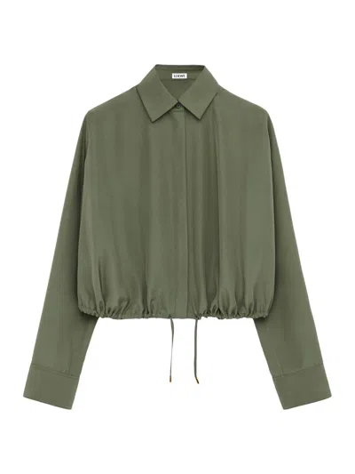 Loewe Womens Khaki Green Balloon Drawstring-hem Silk-blend Shirt