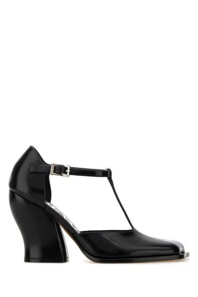 Loewe Black Leather T Bar Pumps In Blue