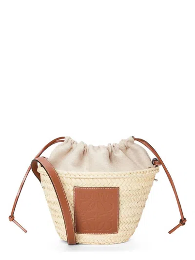 【LOEWE】CLASSIC DRAWSTRING BUCKET◆A223222X01 Drawstring bucket in palm leaf and calfskin Beige - LOEWE