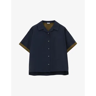 Loewe Womens Dark Blue Contrast-trim Short-sleeve Cotton-blend Shirt