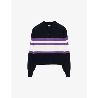 LOEWE WOMENS DEEP BLUE / YELLOW / STRIPED POLO-COLLAR COTTON-KNIT JUMPER