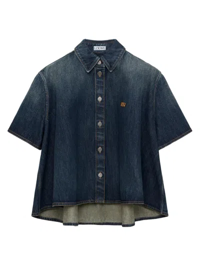 Loewe Short-sleeve Denim Trapeze Button-down Shirt In Blue