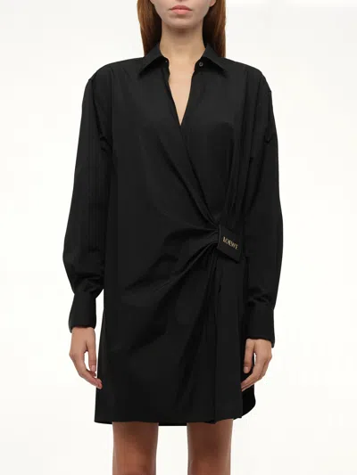 Loewe Wrap-effect Leather-trimmed Draped Cotton-poplin Mini Shirt Dress In Black