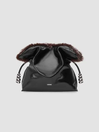 Loewe Women's Flamenco Shearling-trim Leather Clutch In Black
