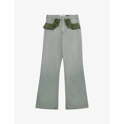 Loewe Womens Khaki Green X Paula's Ibiza Raffia-trim Flared-leg Mid-rise Jeans