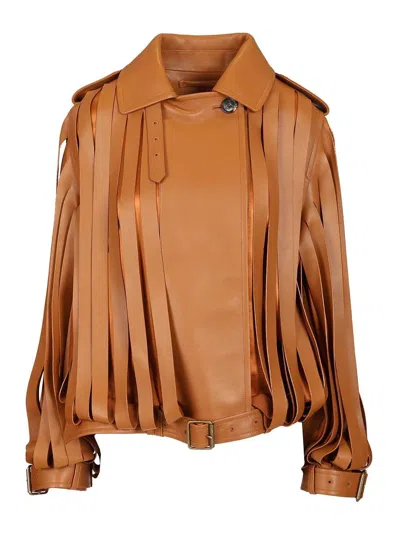 Loewe Layered Cutout Leather And Silk-satin Jacket In Brown