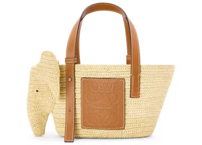 Pre-owned Loewe Women's  Elephant Basket Bag In Raffia And Calfskin Small In Natural/tan In Brown