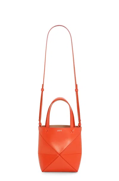 Pre-owned Loewe Women's  Mini Puzzle Fold Tote In Shiny Calfskin In Sunrise Orange