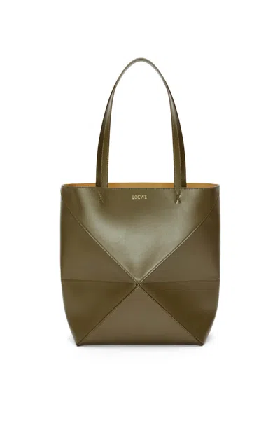 Pre-owned Loewe Women's  Puzzle Fold Tote In Shiny Calfskin In Dark Khaki Green