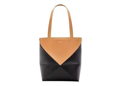 Pre-owned Loewe Women's  Puzzle Fold Tote In Shiny Calfskin In Warm Desert/black