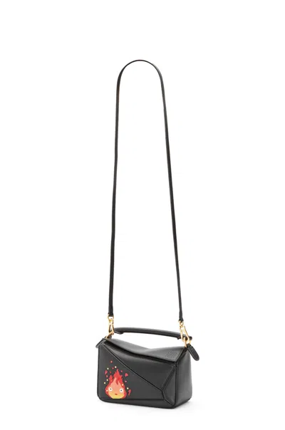 Pre-owned Loewe Women's  X Howls Calcifer Mini Puzzle Bag In Satin Calfskin And Crystal In Black