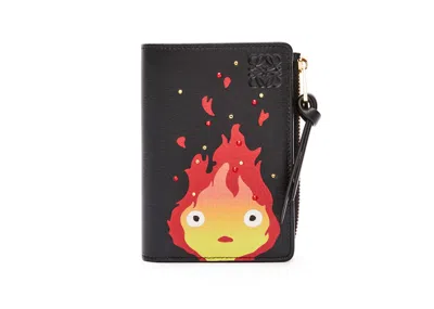 Pre-owned Loewe Women's  X Howls Calcifer Slim Zip Bifold Wallet In Satin Calfskin In Black