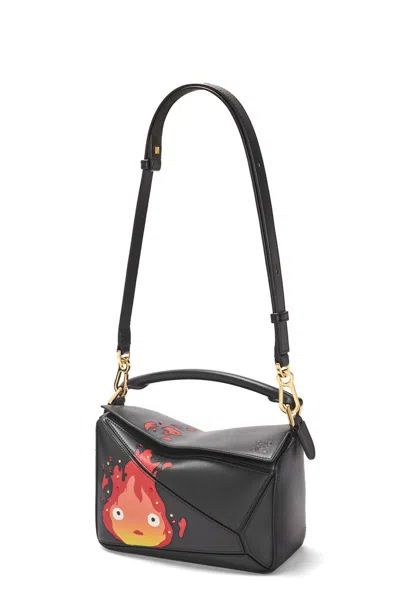 Pre-owned Loewe Women's  X Howls Calcifer Small Puzzle Bag In Satin Calfskin And Crystal In Black