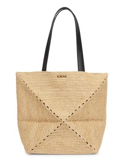 Loewe X Paula's Ibiza Medium Puzzle Fold Tote Bag In Raffia With Leather Handles In Beige