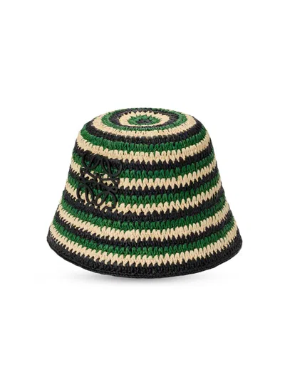 Loewe Anagram Striped Raffia Bucket Hat In Green