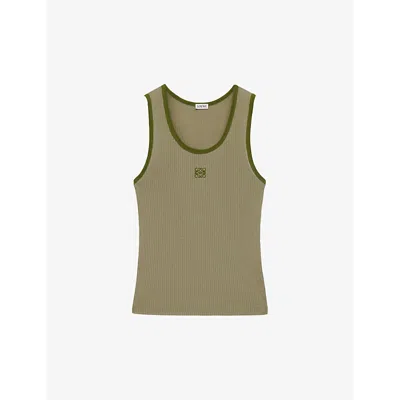 Loewe Womens Military Green Anagram-embroidered Scoop-neck Silk-blend Top