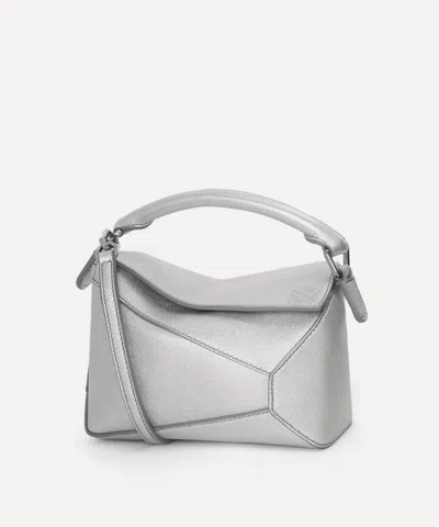 Loewe Women's Mini Puzzle Edge Laminated Shoulder Bag In Silver