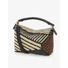 Loewe + Paula's Ibiza Puzzle Edge Small Leather-trimmed Striped Raffia Shoulder Bag In Natural/honey Gold