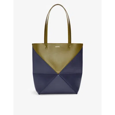 Loewe Puzzle Fold Medium Leather Tote Bag In Olive/abyss Blue