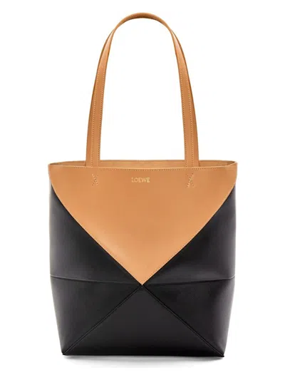 Loewe Puzzle Fold Medium Tote Bag In Shiny Bicolor Leather In Orange