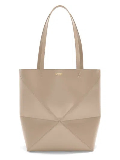 Loewe Puzzle Fold Medium Leather Tote Bag In Beige