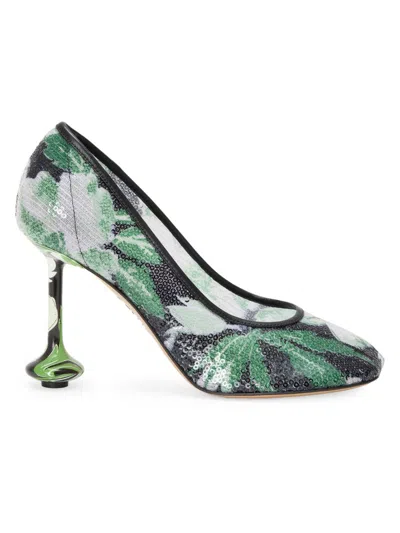 Loewe Floral Embellished Mesh Mini Toy Pumps In Green